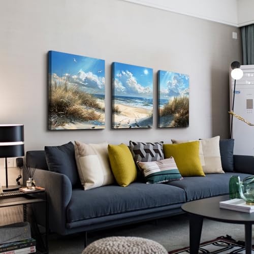 TTHYUEWS Wall Art For Living Room Canvas Wall Decor For Bedroom Bathroom Decorations Blue Ocean Beach Wall Painting Sea Wave Wall Pictures Artwork for office Modern Home Decor Ready To Hang 3 Piece - color: Ocean Beach Wall Paintings, size: 12x16inches*3p