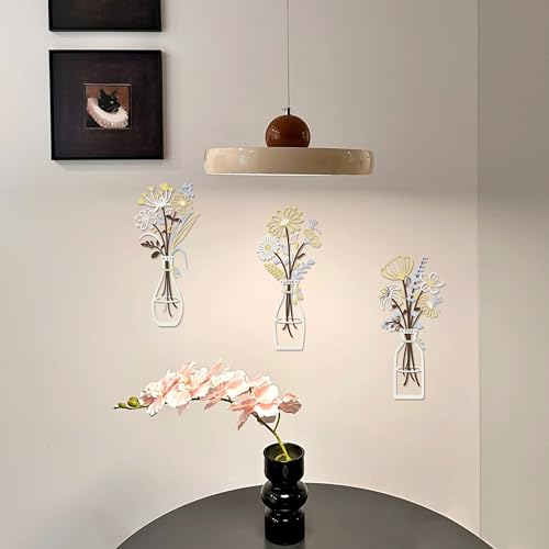 3 Pieces Metal Flowers Wall Art Decor, House Minimalist Bathroom Wall Decors Sculptures for Living Room Dining Room Bedroom Housewarming Gifts - color: White-yellow