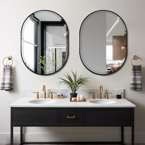 POZINO Oval Beveled Mirror, 22"x30" Bathroom Vanity Mirror Over Sink, Pill Shaped Capsule Wall Mounted Mirrors, Modern Oblong Mirrors for Living Room Bedroom Entryway, Hangs Vertically or Horizontally - color: Black Oval, size: 30"L x 22"W