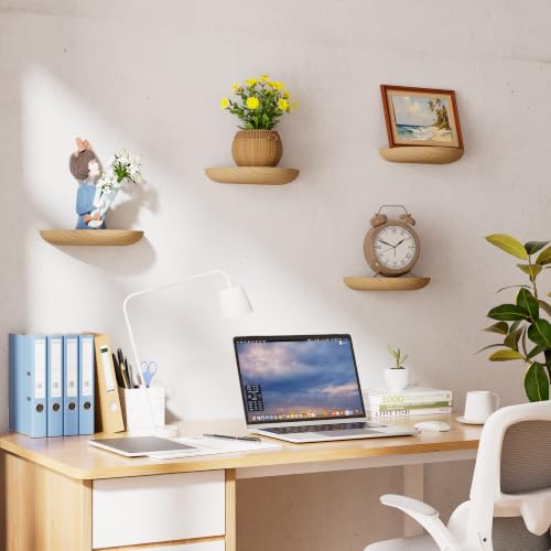 QsQueen Half Round Floating Shelves, 4 Pack Small Wood Wall Shelves for Plants & Decor - color: Light Brown, size: Screw Mount (S+S+S+S)
