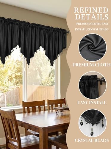 Molaxhome Swag Curtain Scalloped Curtain Valance Drape Sheer Lace Panel 1pc - color: Cloth Black