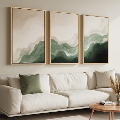 Large Framed Green and Beige Abstract Wall Art, 3 Piece Set, Each 20x30 In - color: Serene Tides, size: 20" W x 30" H x 3pcs
