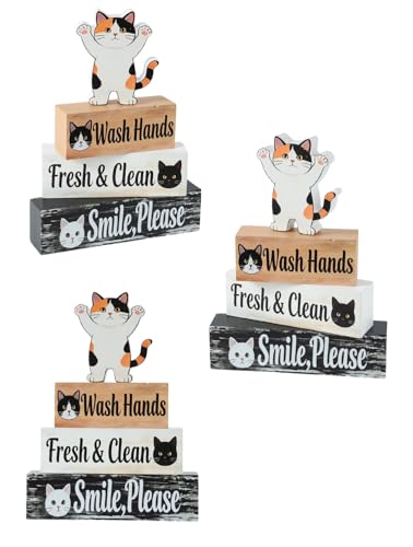 4 Pcs Cat Bathroom Decor Sign, Wooden Tabletop Decor for Bathroom - size: Cat wash hands