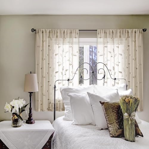 HOMEIDEAS Taupe Kitchen Sheer Curtains Leaf Embroidered, 52x45, 2 Panels - color: 2-taupe/Beige, size: 52"W x 45"L (Pack of 2)