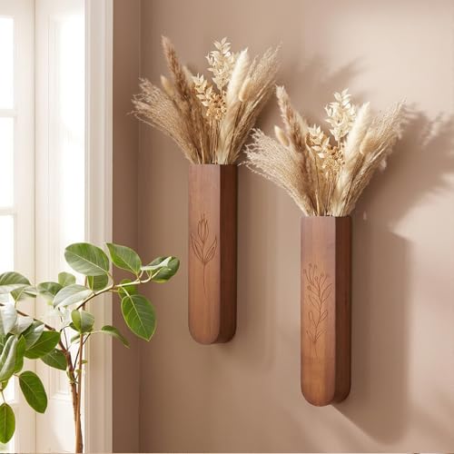Wood Wall Vase Set of 2, 11.6 x 2.52 x 1.37 inch for Dried Flowers and Faux Greenery Plants for Bathroom,Kitchen,Farmhouse,Dining Room Wall Decor (Brown - color: Brown