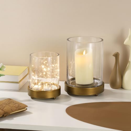 Glass Hurricane Candle Holders and Glass Vase with Minimalism Metal Base in Antique Brass, Handmade and Sturdy Glass, Pillars, Flower Arrangement, Centerpiece, Dining Table (Antique Brass, 5"x6.5") - color: Antique Brass, size: 5"x6.5"