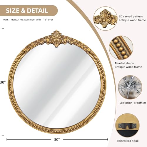 30 Inches Vintage Baroque Round Mirror for Wall Decor - color: G - Round - 30x30 in