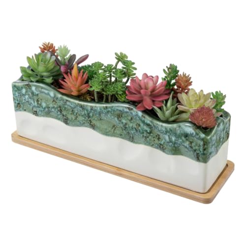 MyGift 13 Inch Rectangular Seafoam Green Glazed Ceramic Succulent Planter - size: 13 Inch