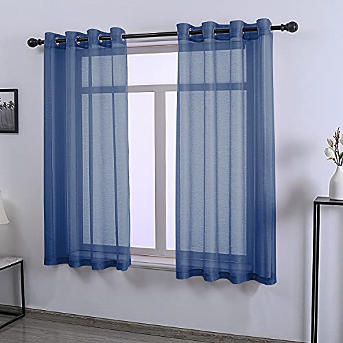 DONREN Navy Blue Sheer Curtains 63 Inch Length for Boy's Room - 2 Panels Dark Blue Grommet Elegant Semi Voile Window Drapes for Bedroom 52 W x 63 Inches Long - color: Navy Blue, size: 52"W x 63"L (Pack of 2)