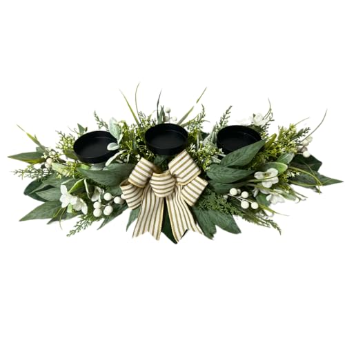 Svndlyn 26 Inch 3 Candle Holder Centerpiece with Greenery and Striped Bow
