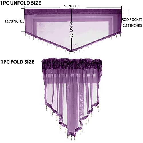 Beaded Sheer Valance Curtains for Living Room,Rod Pocket Farmhouse Window Valance, Bead Trim Tassel Voile Sheer Curtain Valance for Bedroom Bathroom Cafe 51x24 Inches (Dark Purple) 1PC - color: Dark Purple