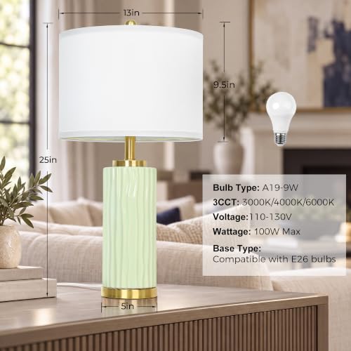 JUNNAI 25" Modern Green Ceramic Table Lamp for Living Room Bedroom EndTable - color: Light Green-25"