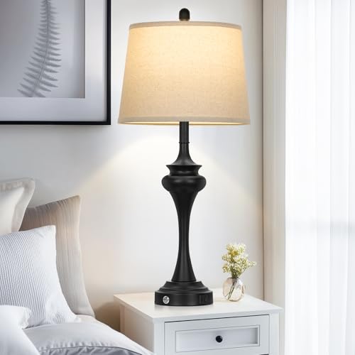 Rinweey 30" Black Tall Table Lamps for Living Room, Touch Control Bedside Lamp with USB A+C Ports, 3-Way Modern Bedroom Table Lamps Set of 2, Elegant Metal Lamp for Nightstand Desk Side Table Office - color: Black-30”H