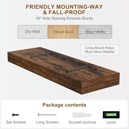 Fun Memories 60 Inch Fireplace Mantel - Long Floating Shelf, Wall Mounted Farmhouse Display with Invisible Heavy Duty Metal Bracket, Brown, 2 Pack - color: Brown, size: 6.5"D x 60"L