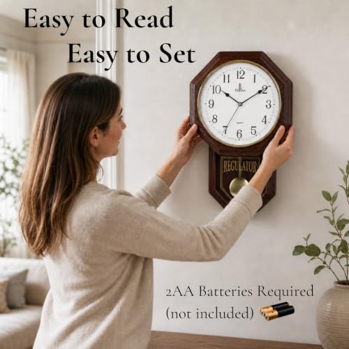 Pendulum Wall Clock, Real Wood Regulator Clock, Quiet, Non-Chiming, Wooden - color: Dark Wood