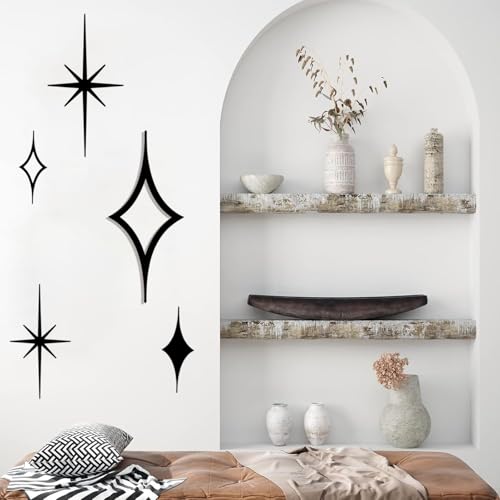 ELENWYNN 5 Pcs Metal Starburst Shaped Wall Decor Art, Iron Mid Century Modern Sculpture, Retro Atomic Stars Sign, Elegance Accents Vintage Celestial Whimsigoth Hangings For Home Office Room-Black - color: 5-Pcs Star Set - Black
