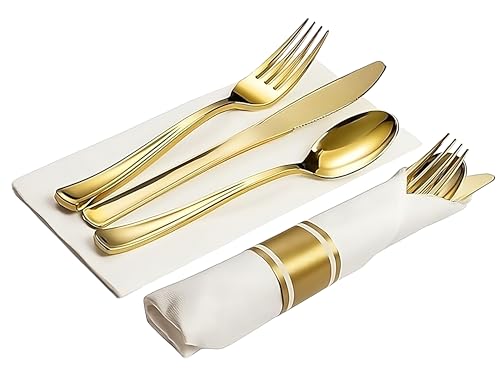 Neatiffy 50 Pack Gold Plastic Silverware Set, Pre Rolled Napkin and Cutlery Set with 50 Forks, 50 Knives, 50 Spoons, 50 Napkins, Utensils, Silverware for Parties, Weddings and Birthdays - color: Gold Napkin Cutlery