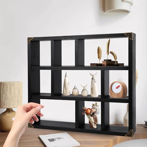 17.7x15.7-Inch Shadow Box Shelf 9-Slot Rustic Floating Shelves Larger Wall Mounted Shelf Lightweight Solid Wood Display Freestanding Farmhouse Shelf (Set of 2,9C-Classic Black) - color: 9c-classic Black, size: 2 PCS