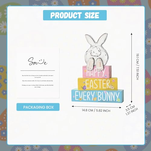 Smile Happy Easter Every Bunny Wooden Block Stack Decor, 3-Tiered Pastel Blocks with Bunny Silhouette for Spring & Easter Tabletop Display