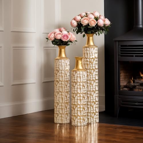 Floor Metal Decorated Vases Set of 3 for Gorgeous Home Decoration Large Glazed Metal Vases (Antique White) - color: Antique White