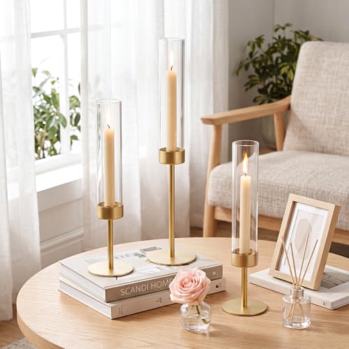 Hurricane Glass Candle Holders Set of 3 Gold Metal Taper Candlesticks