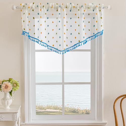 3 Pieces Boho Sheer Valances for Windows, Cute Pom Pom Rod Pocket Light Filtering Short Valance Curtains with Tassels for Nursery Kids Bedroom Bathroom Cafe (Blue A,55"x24") - color: Blue a