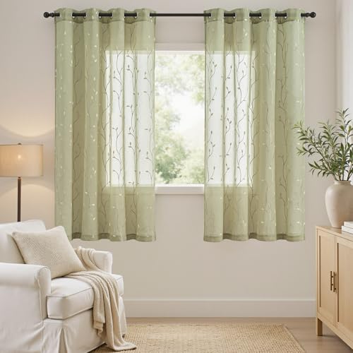 jinchan Green Leaf Voile Embroidered Curtains 63 Inch Grommet Top 2 Panels - color: Vine Grommet Green, size: 55"W x 63"L (Pack of 2)