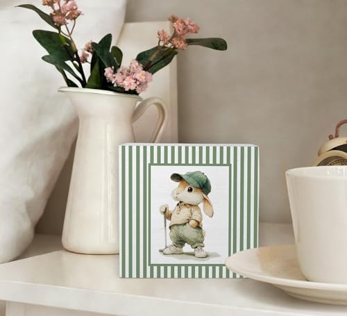 KU-DaYi Funny Bunny Golfer Gifts Wooden Box Sign, Sage Green Striped Golfing Wood Box Decorations for Kids Nursery Bedroom Room, Easter Rabbit Golf Wooden Block Plaque Desk Shelf Decor Accent 5x5 Inch
