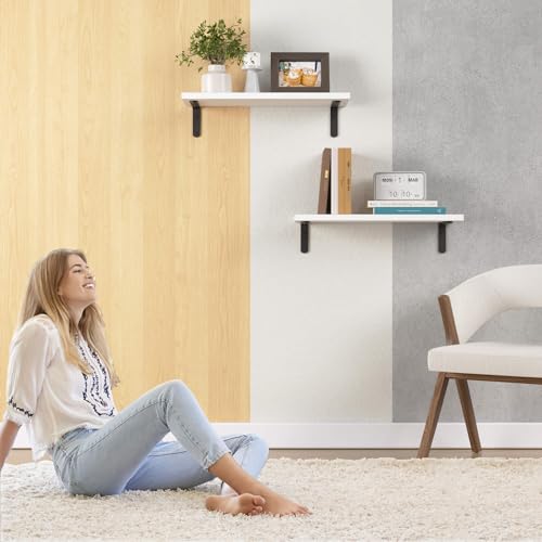 RICHER HOUSE Rustic Wood Floating Shelves, 2-Set Wall Mounted Shelves, 16In - color: White