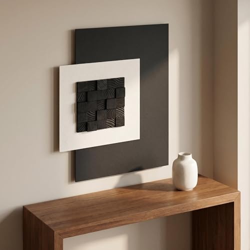 AMAATE 3D Textured Black Wood Geometric Relief Sandstone Framed Wall Art - color: black square