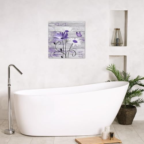 HVEST Farmhouse Purple Floral Wall Art for Living Room, Daisy and Butterfly on Rustic Wood Canvas Wall Art Nature Plant Flower Pictures for Bathroom Bedroom Apartment Wall Decor,12L X 12W inches - color: Purple, size: 12"L x 12"W