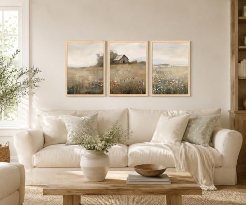Landscape Wall Art Set of 3, Farmhouse Nature Painting Print - color: Red Wildflower Cottage, size: 16x24 Inches