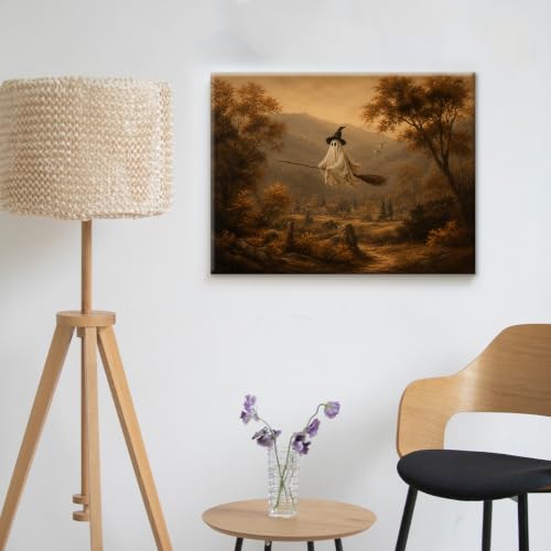 Halloween Wall Art Decor, Ghost Witch Broom Canvas Print Framed 8x10 Inch - color: I