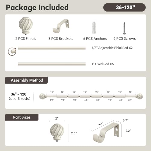 White Curtain Rods for Windows 66 to 120 Inch 7/8" Diameter Long - color: White, size: 36"-120"|1 Pack