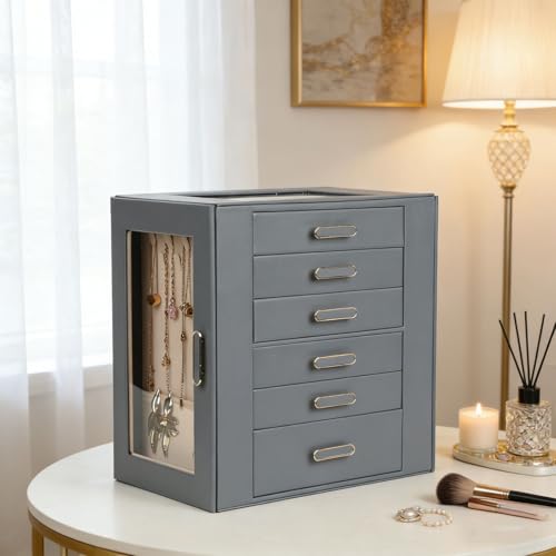 BOOVO Clear Lid Jewelry Box 6 Layer Jewelry Organizer(Grey, 6 Layer) - color: Grey, size: 6 Layer