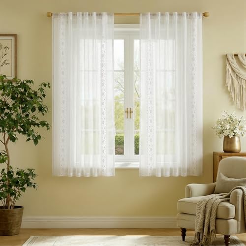 jinchan Floral Linen Curtains, Back Tab 54x63 Inch, 2 Panels White - color: S | Off White, size: 54"W x 63"L (Pack of 2)