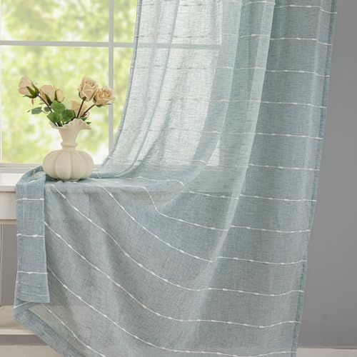 Light Blue Striped Sheer Curtains 63 Inch, Boho Light Filtering 2 Panels - color: Blue, size: 52"W x 63"L (Pack of 2)