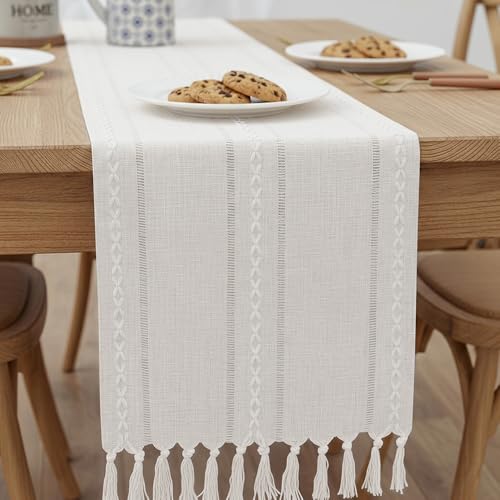 Boho White Table Runner with Tassels, Rustic Handwoven with Texture Fringe Table Runners for Summer Home Decor Dining Party Coffee Tables Sideboard 55" - color: White, size: 55"