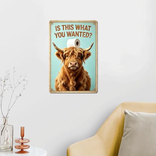 Vintage Funny Highland Cow with Toilet Roll Graphic,Durable Rustproof Aluminum Sign, Country Style Wall Ornament for Lavatory Cabin, Whimsical Bathroom Decor Gift Plaque 8x12 Inch - color: M2030-Cow1-4