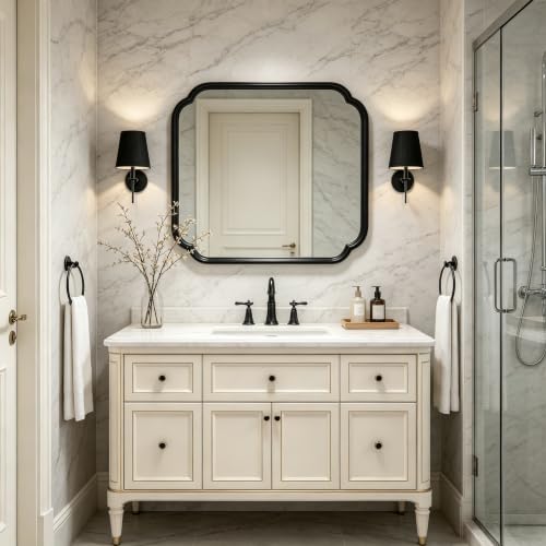 Ferytange 24 x 24 Inch Matte Black Metal Framed Bathroom Vanity Mirror, Rounded Rectangle Wall Mirror, Shatterproof HD Float Glass for Bedroom Living Room Horizontal/Vertical - color: Black, size: 24"L x 24"W