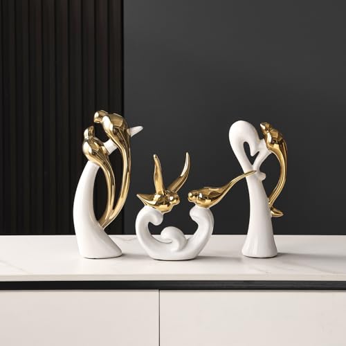 Ceramic Statues Set of 3, Birds and Base Sculpture Modern Home Decor - color: White and Gold