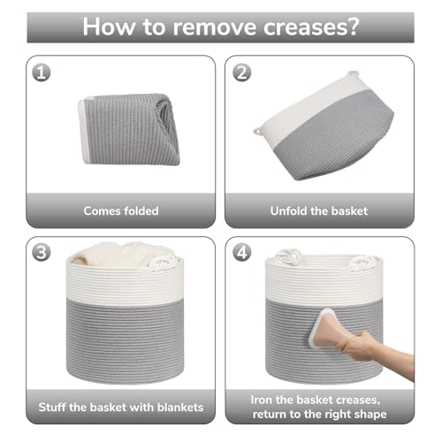 Goodpick Woven Rope Blanket Basket Living Room, 40L, Grey - color: Grey, size: 15 × 14.2 inches