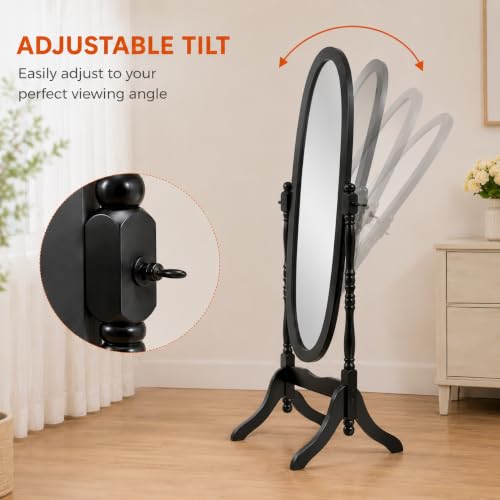 Cheval Mirror Full Length Floor Mirror with Stand, Adjustable Oval Wood Standing Mirror, Freestanding Dressing Mirror for Bedroom, Living Room and Dressing Area (Black) - color: Black