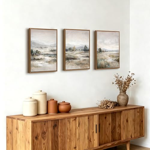 3Pcs Abstract Mist Countryside Blue Beige Mountains Canvas Wall Art 16"x24" - color: Abstract Mist Mountains Marsh, size: 16"x24"x3Pcs
