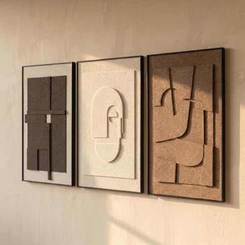 AMAATE 3Pcs 3D Sandstone Relief Wall Art, Black Frame Geometric Decor - color: Brown-White, size: 20" x 30" inch