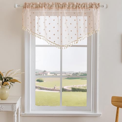 3 Pieces Boho Sheer Valances for Windows, Cute Pom Pom Rod Pocket Light Filtering Short Valance Curtains with Tassels for Nursery Kids Bedroom Bathroom Cafe (Beige,55"x24") - color: Beige