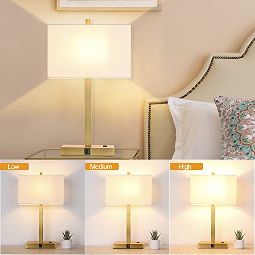21" Touch Bedside lamps with 2 USB & AC Outlets, 3-Way Dimmable Bedside Table Lamps Set of 2 for Bedroom Living Room Office Reading, White Shade Lamps for Night Stands, 2700K LED Bulbs Included - color: White Cream Linen & Brushed Gold