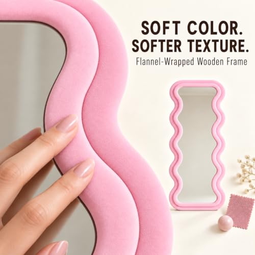 BOJOY Full Length Wavy Mirror, 63"x24", Arched Floor & Wall Mirror - Standing, Hanging or Leaning - Flannel Wrapped Wooden Frame - Pink - color: Pink