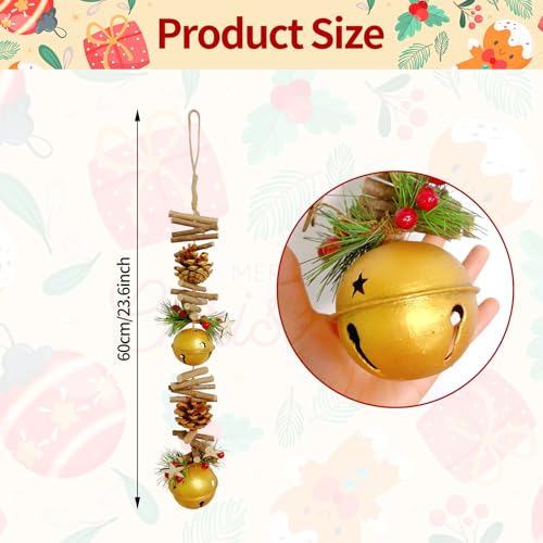 23.6 Inches Christmas Pinecone and Bell Hanging Garland Decoration, Rustic Wood Stick and Pine Leaf Garland with Bells, Holiday Ornament for Door Wall Fireplace, Indoor Outdoor Xmas Decor (Gold) - color: Gold