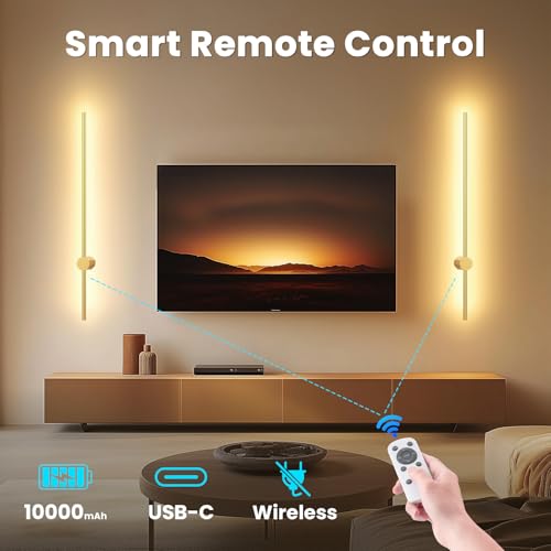 NIORSUN 35.4 Inch Battery Operated Wall Sconce Set of 2,Gold Minimalist Rechargeable LED Wall Lights with Remote, 10 Colors Dimmable Wireless Wall Sconce for Living Room Bedroom Hallway - color: Gold, size: 35.4 Inch